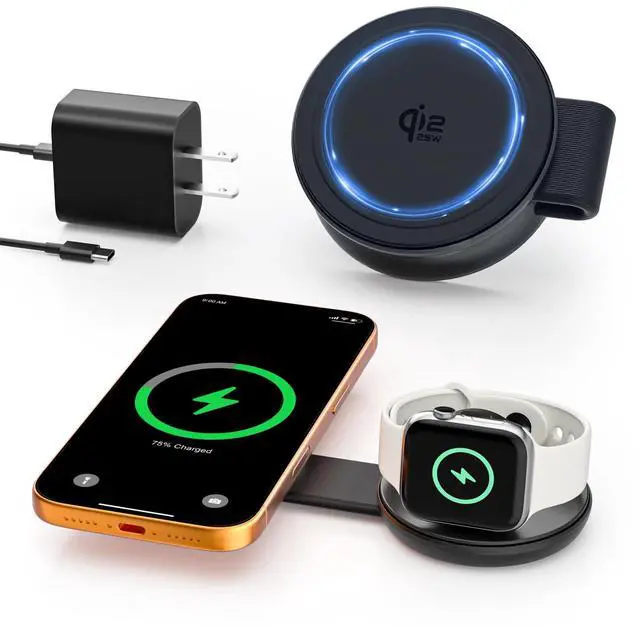 Main image of 2 in 1 Magnetic Wireless Charger, Qi2 25W Fast Charging Travel Station Pad Compatible with MagSafe for iPhone Air/17/16/15/14/13/12, 5W for Apple Watch, AirPods 4/3/2/Pro with 30W Adapter (Black)