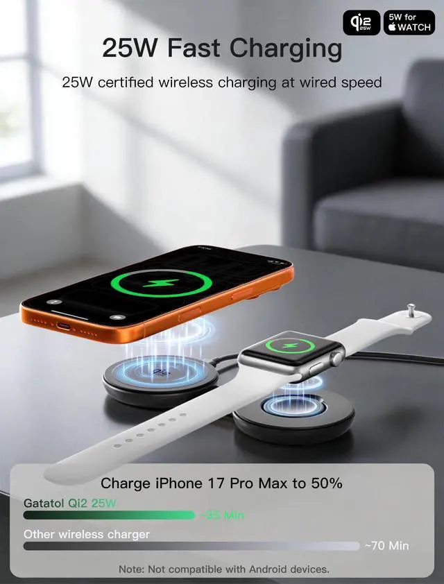 Alt view image 2 of 7 - 2 in 1 Magnetic Wireless Charger, Qi2 25W Fast Charging Travel Station Pad Compatible with MagSafe for iPhone Air/17/16/15/14/13/12, 5W for Apple Watch, AirPods 4/3/2/Pro with 30W Adapter (Black)