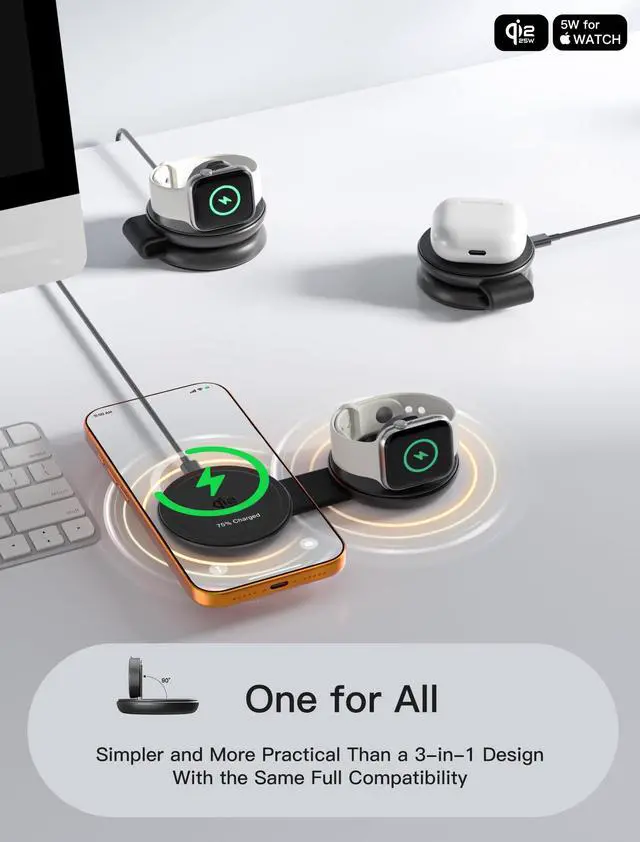 Alt view image 5 of 7 - 2 in 1 Magnetic Wireless Charger, Qi2 25W Fast Charging Travel Station Pad Compatible with MagSafe for iPhone Air/17/16/15/14/13/12, 5W for Apple Watch, AirPods 4/3/2/Pro with 30W Adapter (Black)
