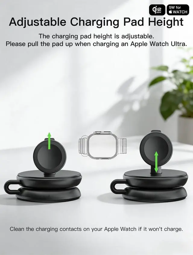 Alt view image 6 of 7 - 2 in 1 Magnetic Wireless Charger, Qi2 25W Fast Charging Travel Station Pad Compatible with MagSafe for iPhone Air/17/16/15/14/13/12, 5W for Apple Watch, AirPods 4/3/2/Pro with 30W Adapter (Black)