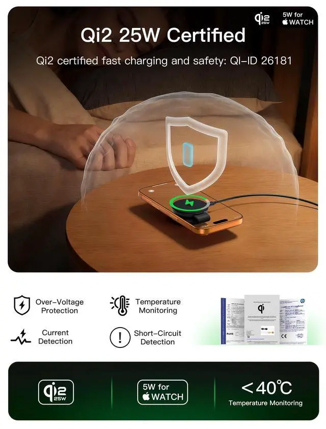 Alt view image 7 of 7 - 2 in 1 Magnetic Wireless Charger, Qi2 25W Fast Charging Travel Station Pad Compatible with MagSafe for iPhone Air/17/16/15/14/13/12, 5W for Apple Watch, AirPods 4/3/2/Pro with 30W Adapter (Black)