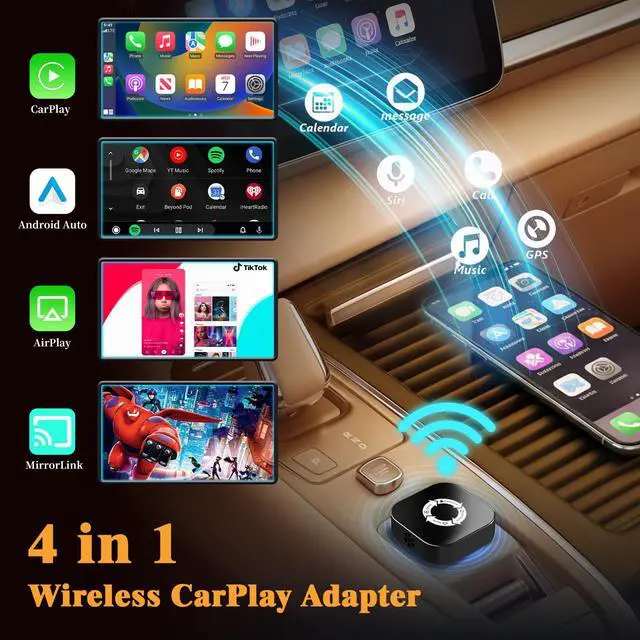 Alt view image 2 of 7 - 4 in 1 Screen Mirroring Wireless CarPlay Adapte, 2026 Upgraded Wired to Wireless for Apple CarPlay & Android Auto & AirPlay & MirrorLink, Mini USB Car Play Adapter with Type-C Extension, Plug and Play