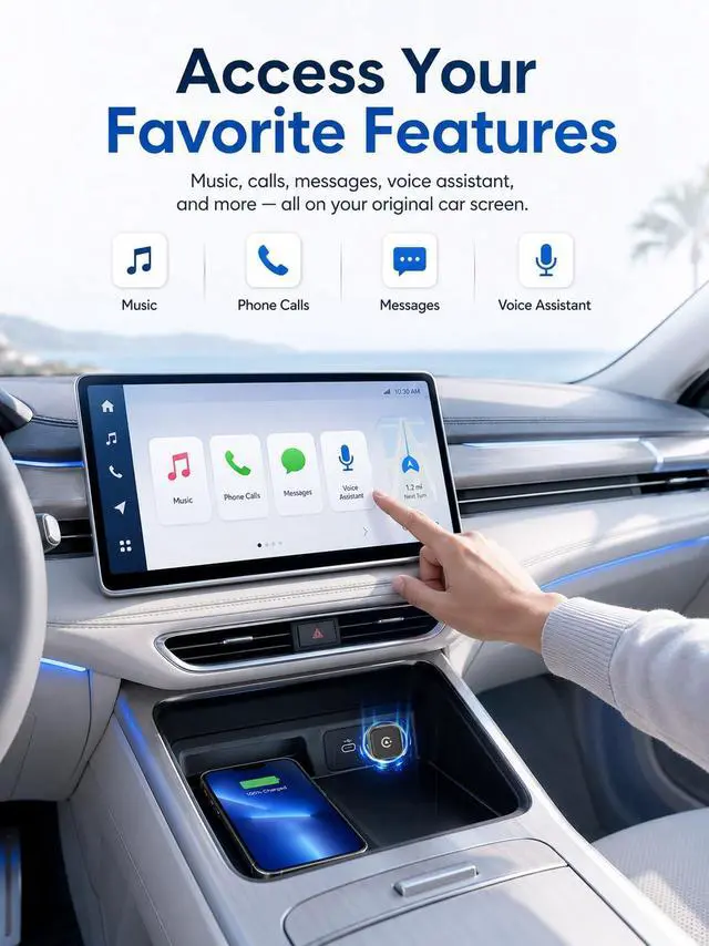 Alt view image 5 of 7 - Mini Wireless CarPlay & Android Auto Adapter, Low-Profile USB-A 2-in-1 Wireless Adapter for Factory Wired CarPlay/Android Auto Cars, Plug-in Once Auto Reconnect, 5GHz WiFi, USB-C Adapter Included