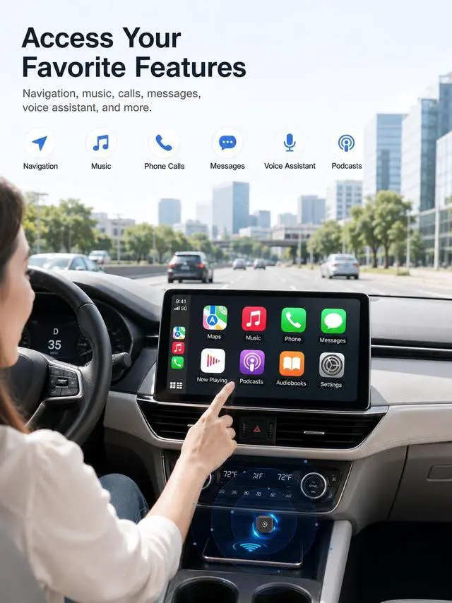 Alt view image 6 of 7 - Mini Wireless CarPlay & Android Auto Adapter, Low-Profile USB-A 2-in-1 Wireless Adapter for Factory Wired CarPlay/Android Auto Cars, Plug-in Once Auto Reconnect, 5GHz WiFi, USB-C Adapter Included