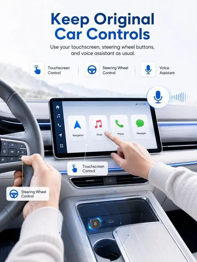 Alt view image 7 of 7 - Mini Wireless CarPlay & Android Auto Adapter, Low-Profile USB-A 2-in-1 Wireless Adapter for Factory Wired CarPlay/Android Auto Cars, Plug-in Once Auto Reconnect, 5GHz WiFi, USB-C Adapter Included
