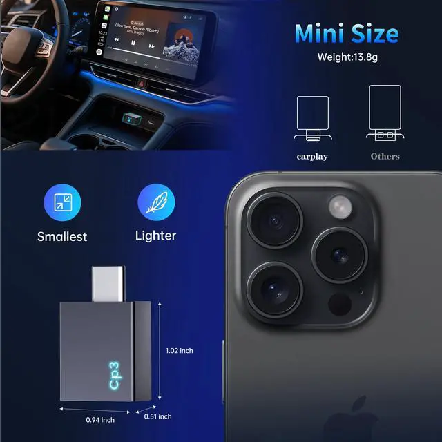 Alt view image 7 of 7 - Wireless CarPlay Adapter for iPhone 2026 Upgrade - Stable Connection Convert Wired to Wireless Compatible with Cars 2018+, iOS 10+ (USB-C)