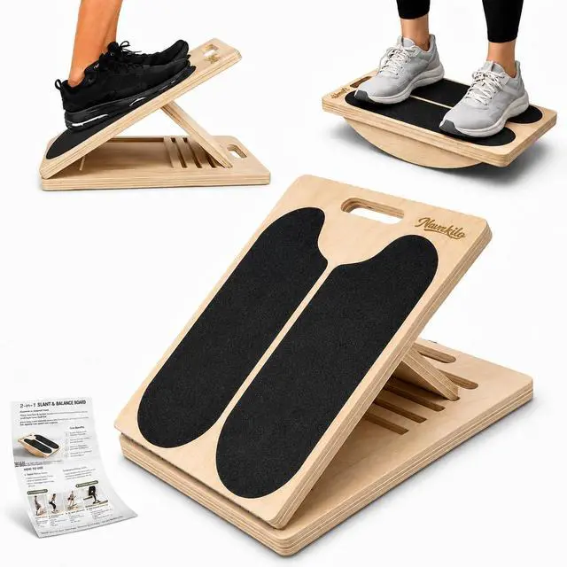 Main image of Wooden Slant Board for Calf Stretching and Achilles Stretch, 2-in-1 Adjustable Calf Stretch Board & Balance Board for Ankle Mobility, Physical Therapy and Stability Training