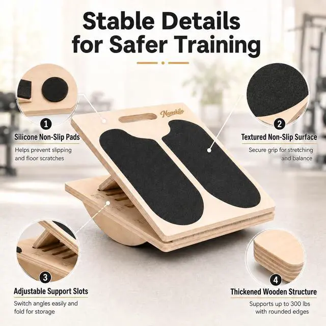 Alt view image 3 of 7 - Wooden Slant Board for Calf Stretching and Achilles Stretch, 2-in-1 Adjustable Calf Stretch Board & Balance Board for Ankle Mobility, Physical Therapy and Stability Training