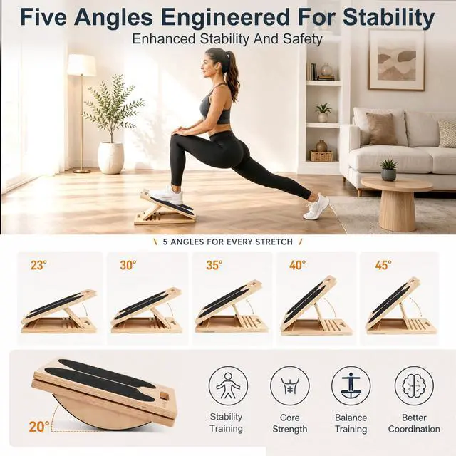 Alt view image 4 of 7 - Wooden Slant Board for Calf Stretching and Achilles Stretch, 2-in-1 Adjustable Calf Stretch Board & Balance Board for Ankle Mobility, Physical Therapy and Stability Training