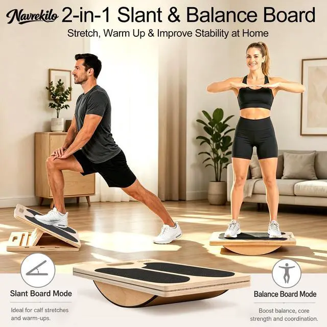 Alt view image 2 of 7 - Wooden Slant Board for Calf Stretching and Achilles Stretch, 2-in-1 Adjustable Calf Stretch Board & Balance Board for Ankle Mobility, Physical Therapy and Stability Training