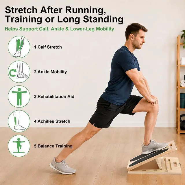 Alt view image 5 of 7 - Wooden Slant Board for Calf Stretching and Achilles Stretch, 2-in-1 Adjustable Calf Stretch Board & Balance Board for Ankle Mobility, Physical Therapy and Stability Training