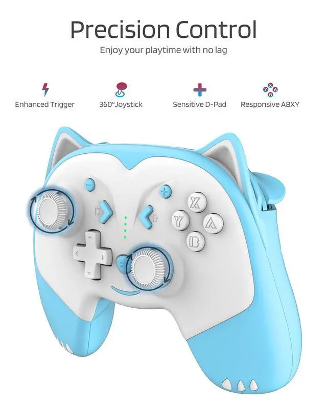 Alt view image 4 of 6 - Wireless Controller for Nintendo Switch/Switch Lite, Cute Pro Controller with Turbo, Motion, Vibration, Wake-Up, Headphone Jack and Breathing Light - Blue