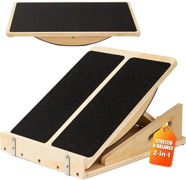 Main image of 2-in-1 Wooden Balance Board with Adjustable Incline (15°35°) Slant Board & Calf Stretcher for Balance Training, Core Strength, and Ankle Mobility Solid Wood, Non-Slip Surface