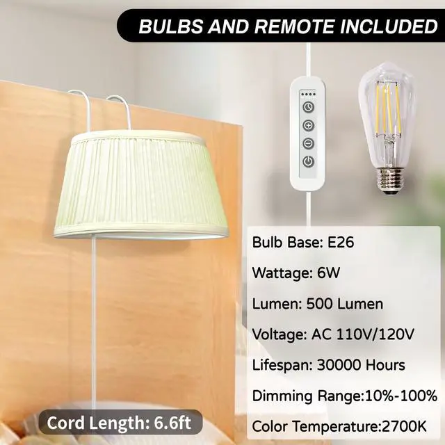 Alt view image 4 of 7 - Bed Reading Light, Headboard Light Reading Lights for Books in Bed with Adjustable Hook, Eye Caring Soft Fabric Shade Bedtime Reading Lamp Plug in, LED Bulb Included (Beige)