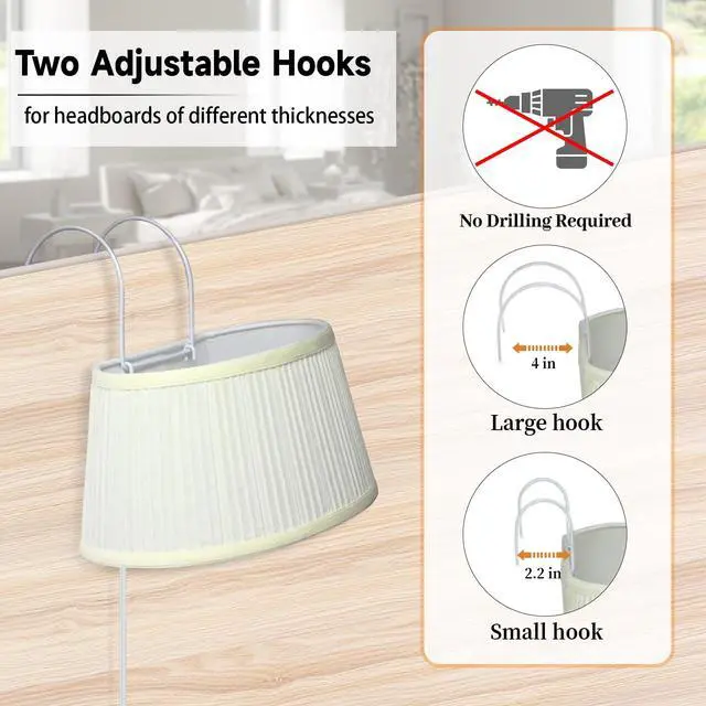 Alt view image 6 of 7 - Bed Reading Light, Headboard Light Reading Lights for Books in Bed with Adjustable Hook, Eye Caring Soft Fabric Shade Bedtime Reading Lamp Plug in, LED Bulb Included (Beige)