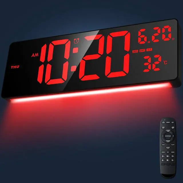 Main image of 16.5" Large Digital Wall Clock with RGB Night Lights, Auto Dimmer, Remote Control, Date, Indoor Temperature, DST