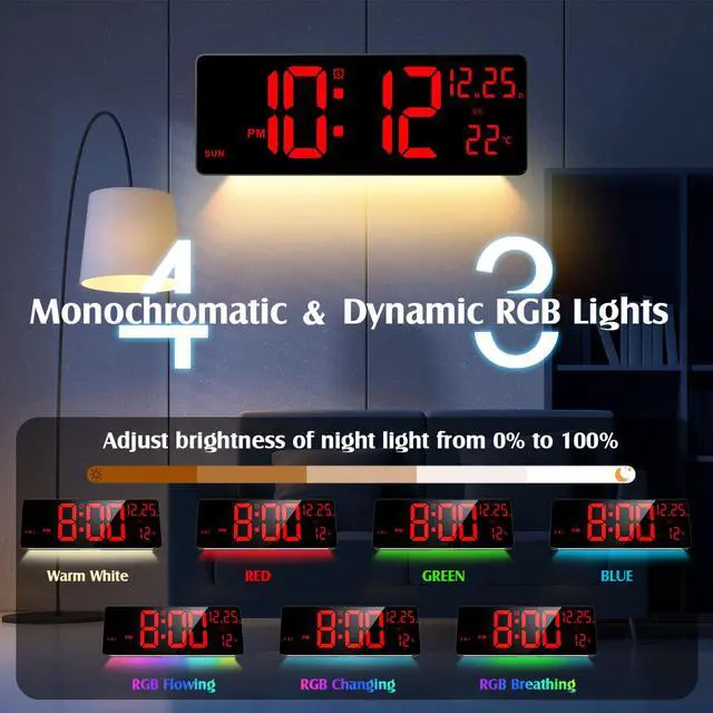 Alt view image 2 of 7 - 16.5" Large Digital Wall Clock with RGB Night Lights, Auto Dimmer, Remote Control, Date, Indoor Temperature, DST