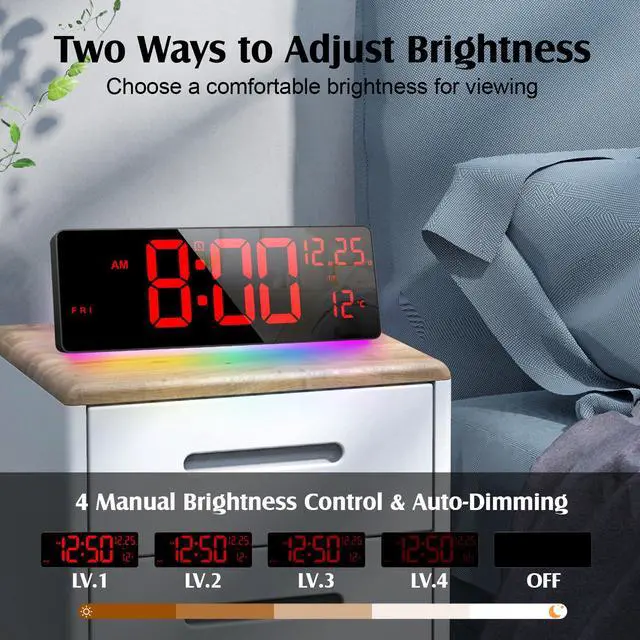 Alt view image 3 of 7 - 16.5" Large Digital Wall Clock with RGB Night Lights, Auto Dimmer, Remote Control, Date, Indoor Temperature, DST