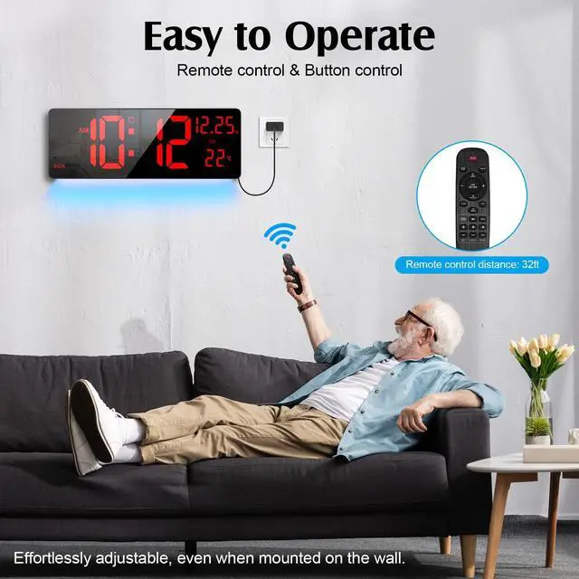 Alt view image 4 of 7 - 16.5" Large Digital Wall Clock with RGB Night Lights, Auto Dimmer, Remote Control, Date, Indoor Temperature, DST