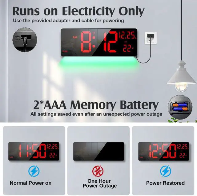 Alt view image 6 of 7 - 16.5" Large Digital Wall Clock with RGB Night Lights, Auto Dimmer, Remote Control, Date, Indoor Temperature, DST