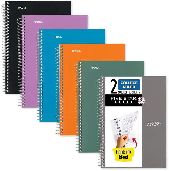 Main image of Spiral Notebooks, 6 Pack, 2 Subject, College Ruled, 9 1/2" x 6", 80 Sheets, Amethyst Purple, Sedona Orange, Seaglass Green, Tidewater Blue, Gray and Black (840029A-ECM)