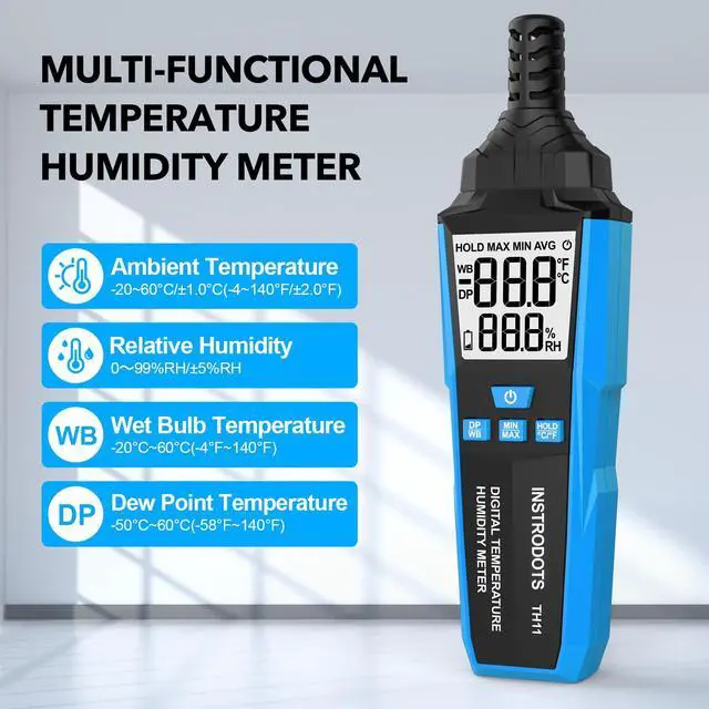 Alt view image 2 of 7 - Temperature Humidity Meter, High Precision Digital Hygrometer with Ambient, Dew Point, Wet Bulb Temperature for Indoor Outdoor, Thermometer with Min/Max, Data Hold, LCD Backlight, TH11