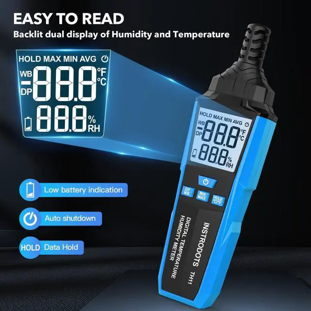 Alt view image 4 of 7 - Temperature Humidity Meter, High Precision Digital Hygrometer with Ambient, Dew Point, Wet Bulb Temperature for Indoor Outdoor, Thermometer with Min/Max, Data Hold, LCD Backlight, TH11