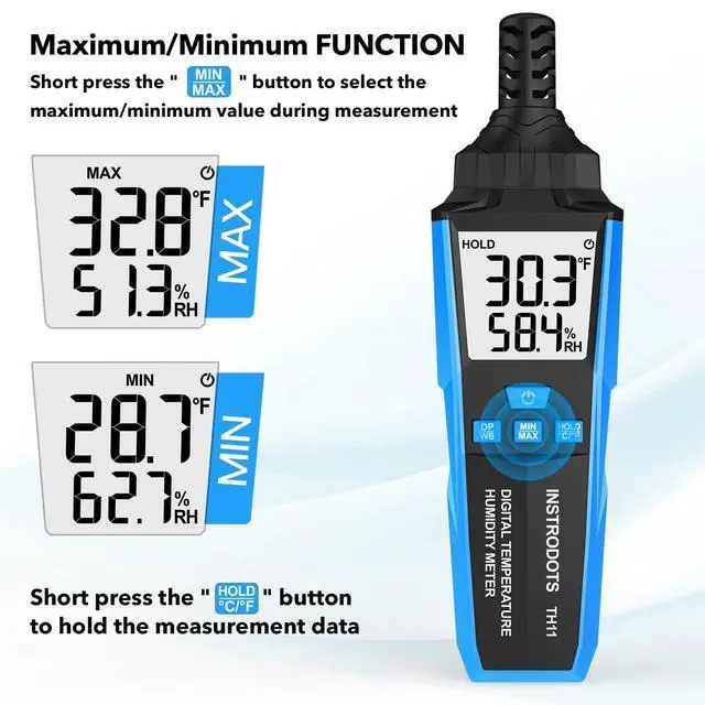 Alt view image 5 of 7 - Temperature Humidity Meter, High Precision Digital Hygrometer with Ambient, Dew Point, Wet Bulb Temperature for Indoor Outdoor, Thermometer with Min/Max, Data Hold, LCD Backlight, TH11