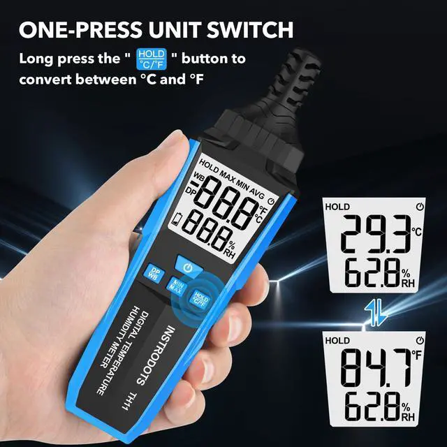 Alt view image 6 of 7 - Temperature Humidity Meter, High Precision Digital Hygrometer with Ambient, Dew Point, Wet Bulb Temperature for Indoor Outdoor, Thermometer with Min/Max, Data Hold, LCD Backlight, TH11