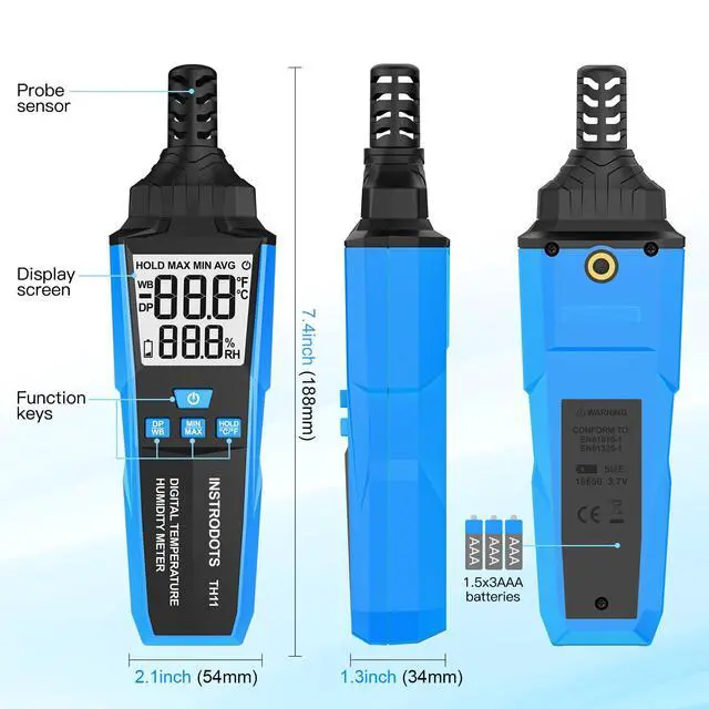Alt view image 7 of 7 - Temperature Humidity Meter, High Precision Digital Hygrometer with Ambient, Dew Point, Wet Bulb Temperature for Indoor Outdoor, Thermometer with Min/Max, Data Hold, LCD Backlight, TH11