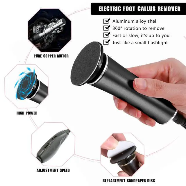 Alt view image 4 of 7 - Electric Foot File Callus Remover Professional Foot File Pedicure Tools Adjustable Speed 60pcs Replacement Sandpaper disc Easy to Remove Cutin Dead Skin calluses(black 60pcs)