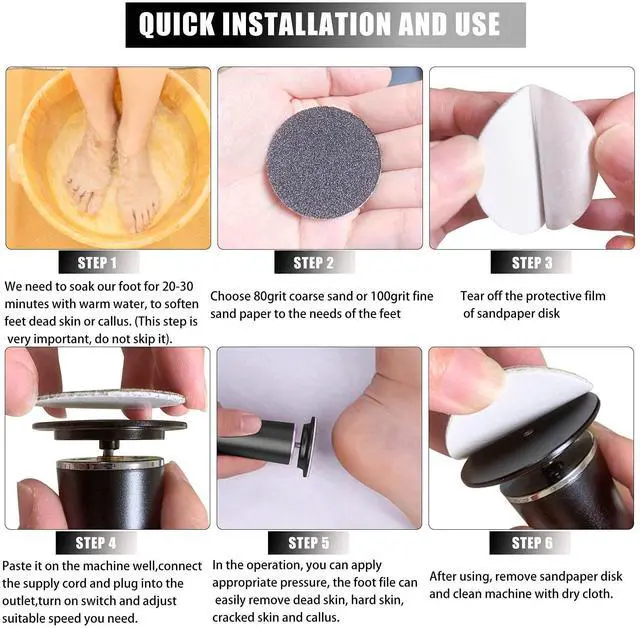 Alt view image 3 of 7 - Electric Foot File Callus Remover Professional Foot File Pedicure Tools Adjustable Speed 60pcs Replacement Sandpaper disc Easy to Remove Cutin Dead Skin calluses(black 60pcs)