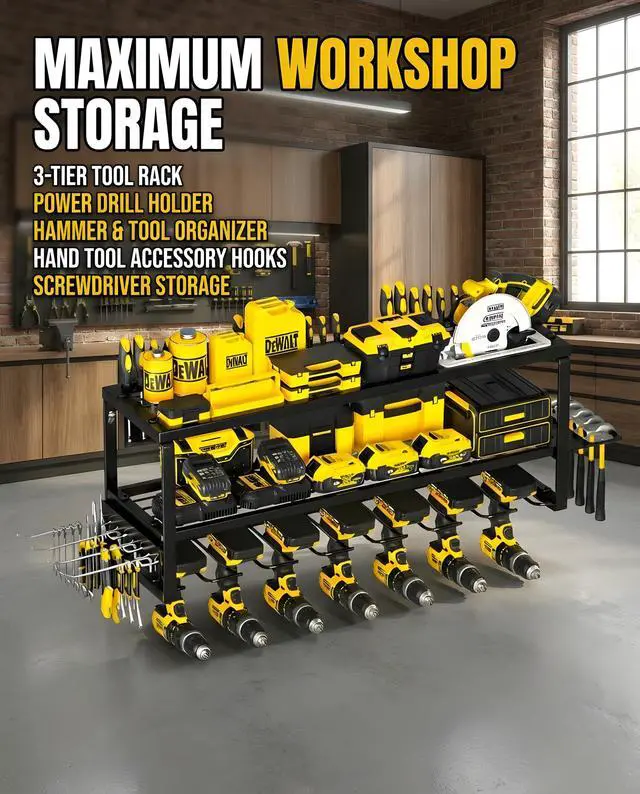 Alt view image 2 of 7 - Power Tool Organizer Wall Mount-3 Layers 7 Holders, 300lb Garage Tool Storage Rack with Drill Holders, Heavy Duty Tool Shelf for Garage Organization, Dad Gifts for Men Husband