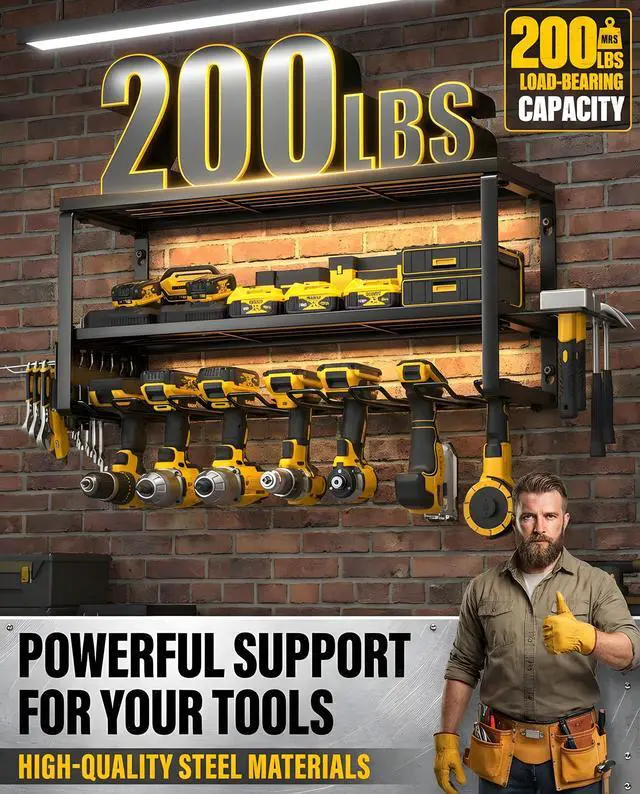 Alt view image 4 of 7 - Power Tool Organizer Wall Mount-3 Layers 7 Holders, 300lb Garage Tool Storage Rack with Drill Holders, Heavy Duty Tool Shelf for Garage Organization, Dad Gifts for Men Husband