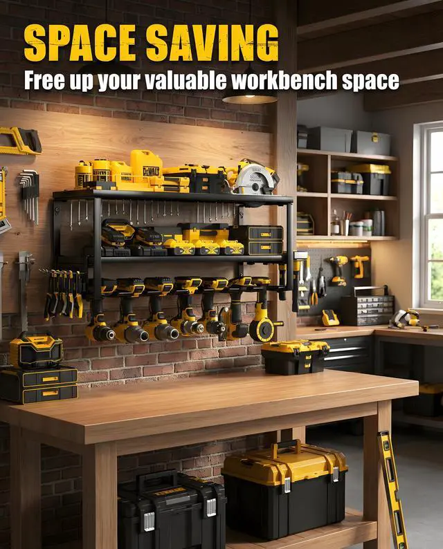 Alt view image 5 of 7 - Power Tool Organizer Wall Mount-3 Layers 7 Holders, 300lb Garage Tool Storage Rack with Drill Holders, Heavy Duty Tool Shelf for Garage Organization, Dad Gifts for Men Husband