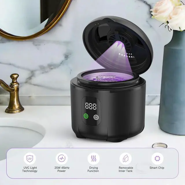 Alt view image 2 of 7 - Ultrasonic Retainer Cleaner 25W Portable Ultrasonic Denture Cleaner Multi-Mode 45KHz with Drying and Removable Inner for Dental Trays, Braces, Jewelry, Toothbrushes, Mouth Guards, Aligners,Ring Black