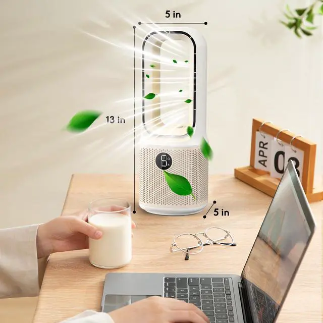 Alt view image 4 of 7 - Desk Fans Small Quiet, 13 Inch Bladeless Table Fan, 5 Speeds for Powerful Airflow, 70° Oscillating Fan with Night Light and Timer, Desktop Cooling Fan for Bedroom, Office, Nightstand