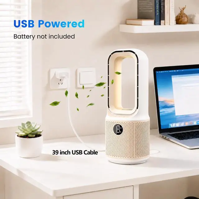 Alt view image 5 of 7 - Desk Fans Small Quiet, 13 Inch Bladeless Table Fan, 5 Speeds for Powerful Airflow, 70° Oscillating Fan with Night Light and Timer, Desktop Cooling Fan for Bedroom, Office, Nightstand