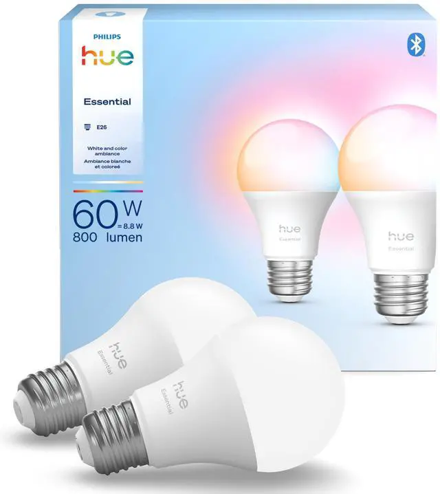 Main image of Essential Smart LED A19 Bulb, White and Color Ambiance, E26 Base, 8.8W, 2200K-6500K, 800 Lumens, Dimmable, Works with Alexa, Google, and Apple Home, 2-Pack