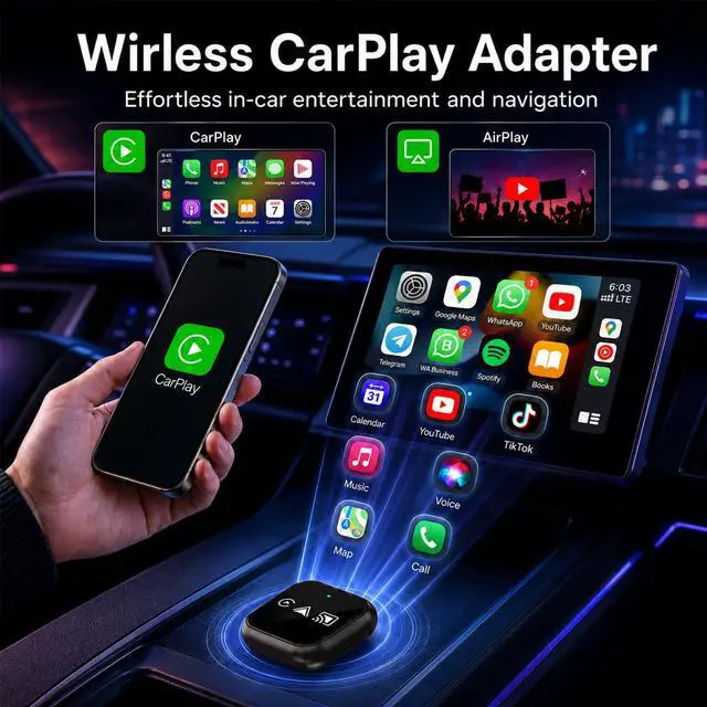 Alt view image 4 of 7 - 2026 Wireless CarPlay Adapter for iPhone, 3-in-1 Wired to Wireless CarPlay Dongle with AirPlay, 5-Second Auto Connect, Low Latency, USB-A/C for OEM Wired CarPlay Cars