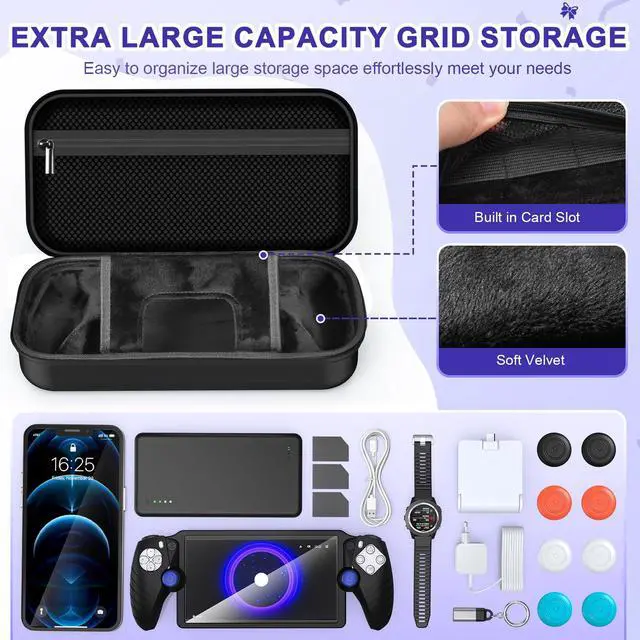 Alt view image 2 of 7 - Accessories Kit for PlayStation Portal, Carrying Case Bundle and Magnetic Portable Charger for PS5 Portal with Protective Case, 2 Screen Protectors, Wired Headphone, 8 Thumb Grips (Black)