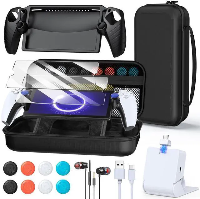 Main image of Accessories Kit for PlayStation Portal, Carrying Case Bundle and Magnetic Portable Charger for PS5 Portal with Protective Case, 2 Screen Protectors, Wired Headphone, 8 Thumb Grips (Black)