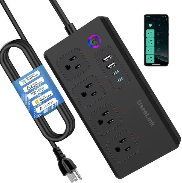 Main image of Matter Smart Power Strip,Works with Apple HomeKit, Siri, Alexa, Google Assistant, with 4 Individually Controlled AC Outlets & 2 USB 2 Type-C Ports, Multi-Plug Extender for Home Office-Black