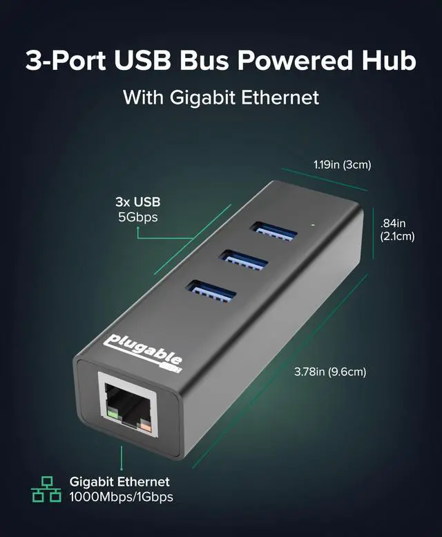 Alt view image 2 of 7 - 3-Port USB 3.0 Hub with Gigabit Ethernet | Compatible with Windows, macOS, Linux, and ChromeOS | Portable USB-C/USB-A Bus-Powered RJ45 GbE LAN Adapter for Laptops, MacBooks, Chromebooks