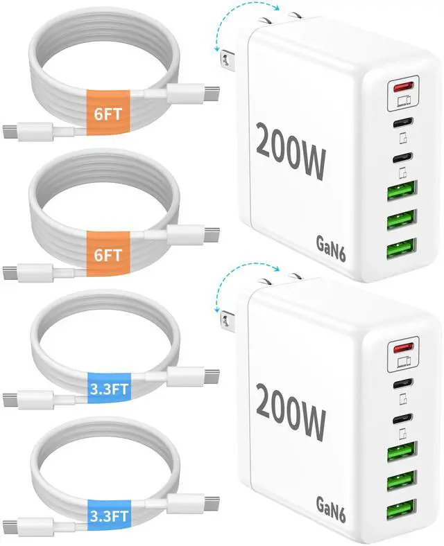 Main image of 2 Pack USB C Charger Block, 200W GaN Super Fast Charger Type C iPhone 17 16 Fast Charging 6 Port Foldable PD Charging Station for All iPhone/Android Phone Samsung Galaxy S25/S24/MacBook iPad