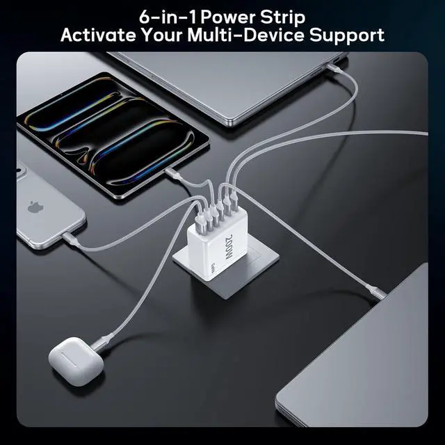 Alt view image 5 of 7 - 2 Pack USB C Charger Block, 200W GaN Super Fast Charger Type C iPhone 17 16 Fast Charging 6 Port Foldable PD Charging Station for All iPhone/Android Phone Samsung Galaxy S25/S24/MacBook iPad
