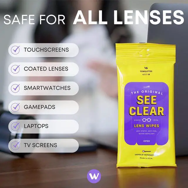 Alt view image 6 of 7 - See Clear Original Lens Cleaning Wipes - Pre-Moistened Eyeglass & Screen Cleaning Cloth Towelettes - Streak Free, Scratch Free Lens & Electronic Screen Cleaner - 12 Resealable Packs of 16 (192 Wipes)