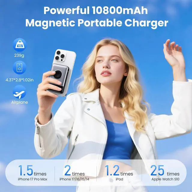 Alt view image 2 of 7 - Magnetic Portable Charger for MagSafe with Built-in Cable,iWatch Charger,Wireless Power Bank Travel Essentials,25W Fast Charging Battery Pack for iPhone 17/16/15,Apple Watch(Sliver,10800mAh)