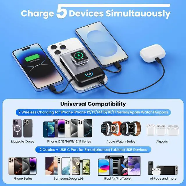 Alt view image 3 of 7 - Magnetic Portable Charger for MagSafe with Built-in Cable,iWatch Charger,Wireless Power Bank Travel Essentials,25W Fast Charging Battery Pack for iPhone 17/16/15,Apple Watch(Sliver,10800mAh)