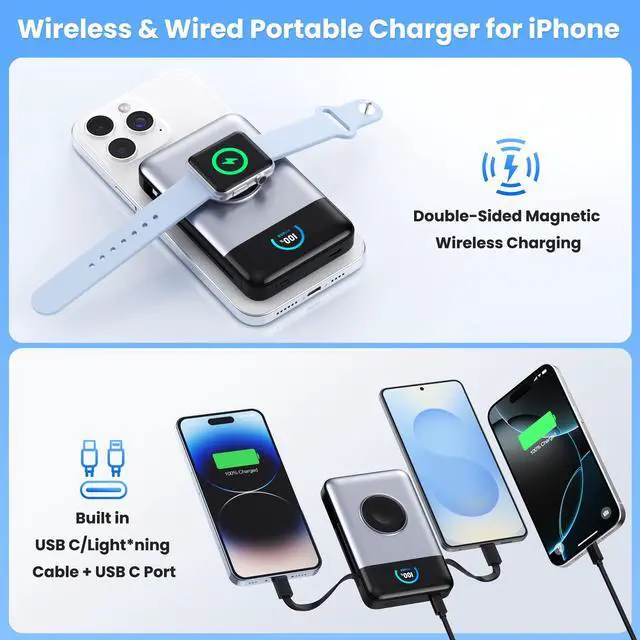 Alt view image 5 of 7 - Magnetic Portable Charger for MagSafe with Built-in Cable,iWatch Charger,Wireless Power Bank Travel Essentials,25W Fast Charging Battery Pack for iPhone 17/16/15,Apple Watch(Sliver,10800mAh)